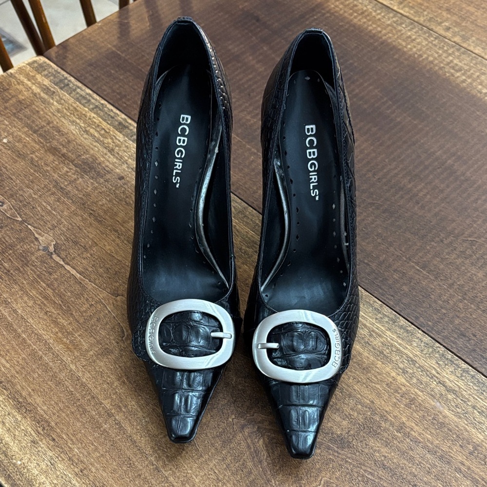 BCBGirls Black Croc-Embossed Pointed-Toe Pumps with Silver Buckle Accent made in